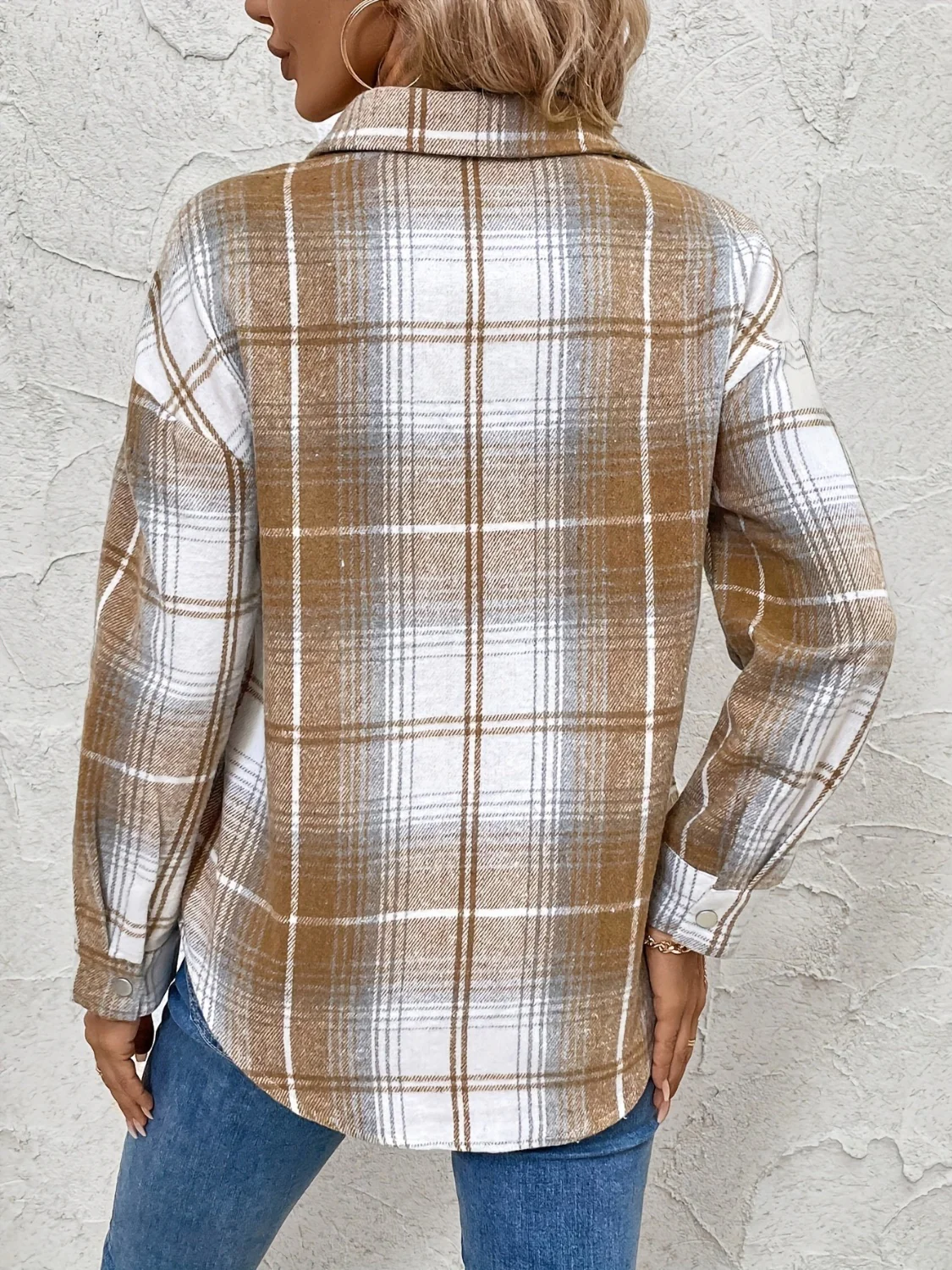 Plaid Collared Neck Half Zip Long Sleeve Top - Image 2