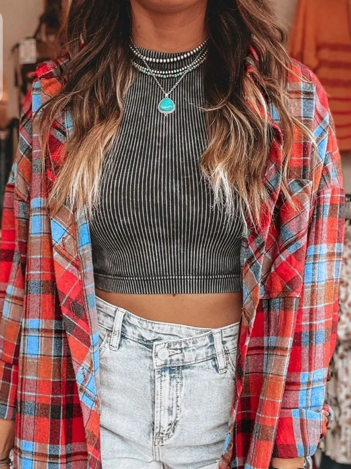 Plaid Collared Neck Long Sleeve Shirt - Image 3