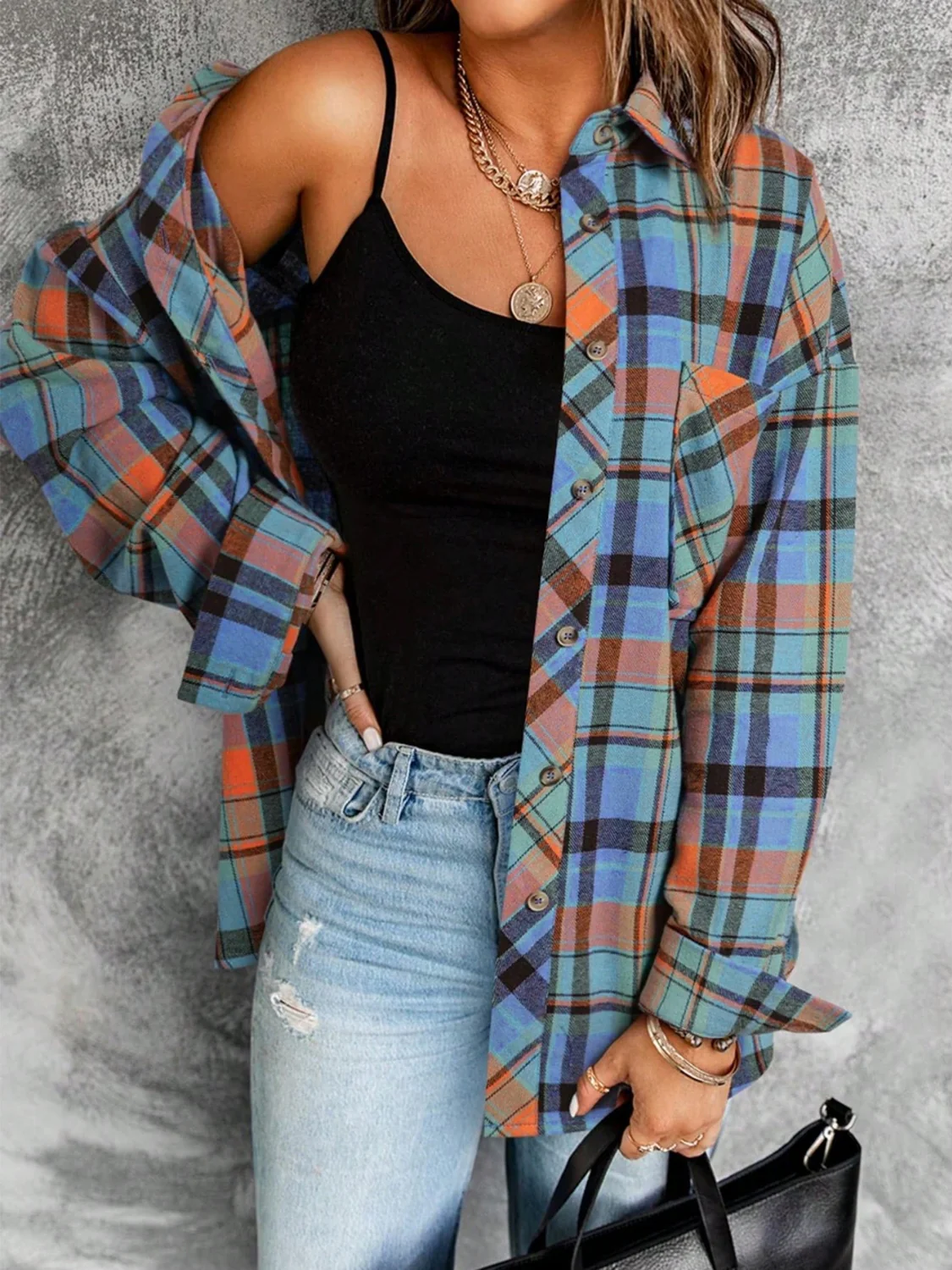Plaid Collared Neck Long Sleeve Shirt - Image 8