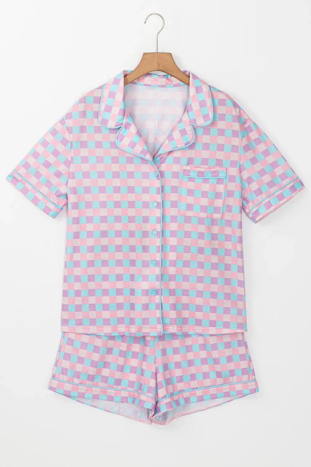 Plaid Collared Neck Short Sleeve Top and Shorts Lounge Set - Image 4