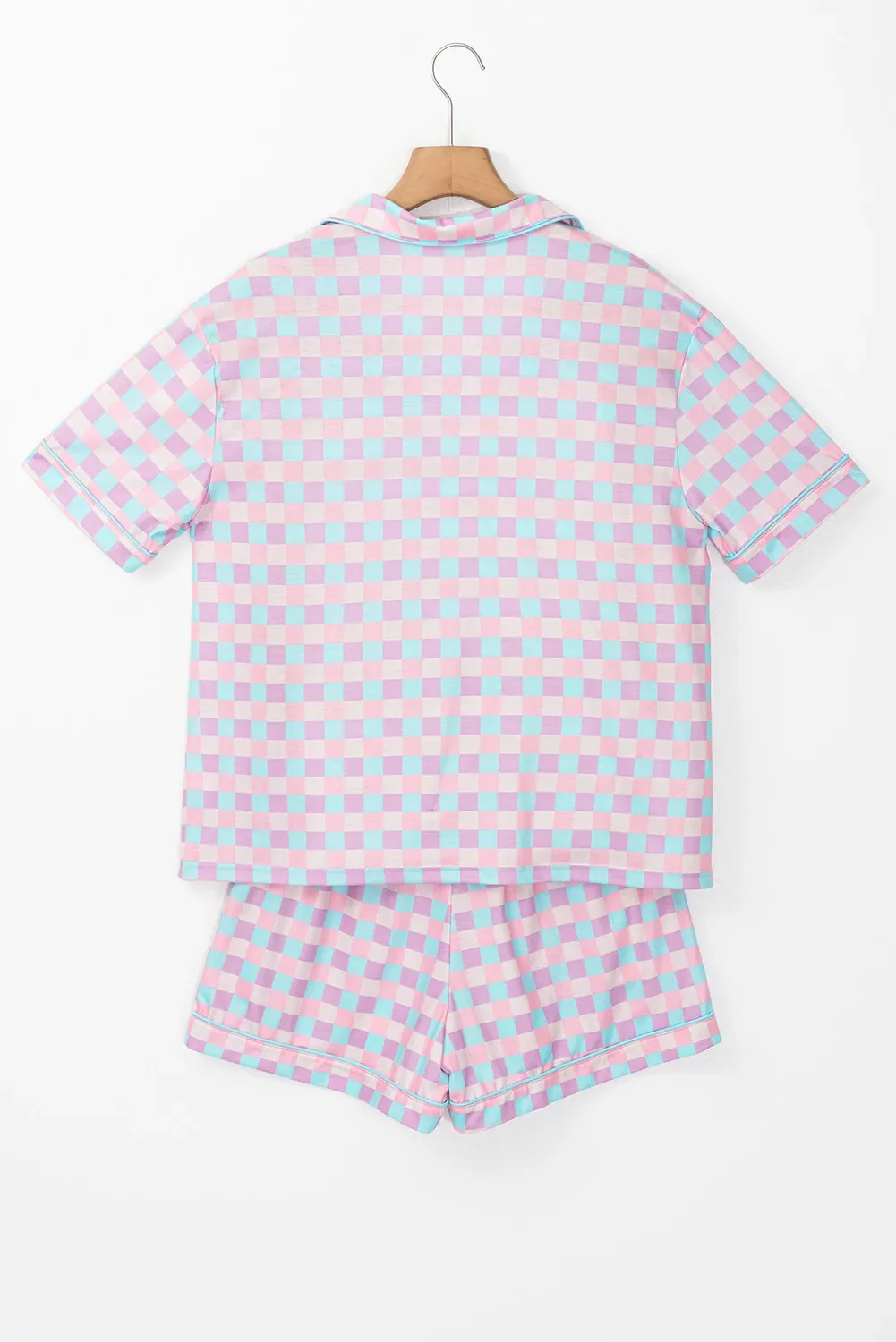 Plaid Collared Neck Short Sleeve Top and Shorts Lounge Set - Image 5
