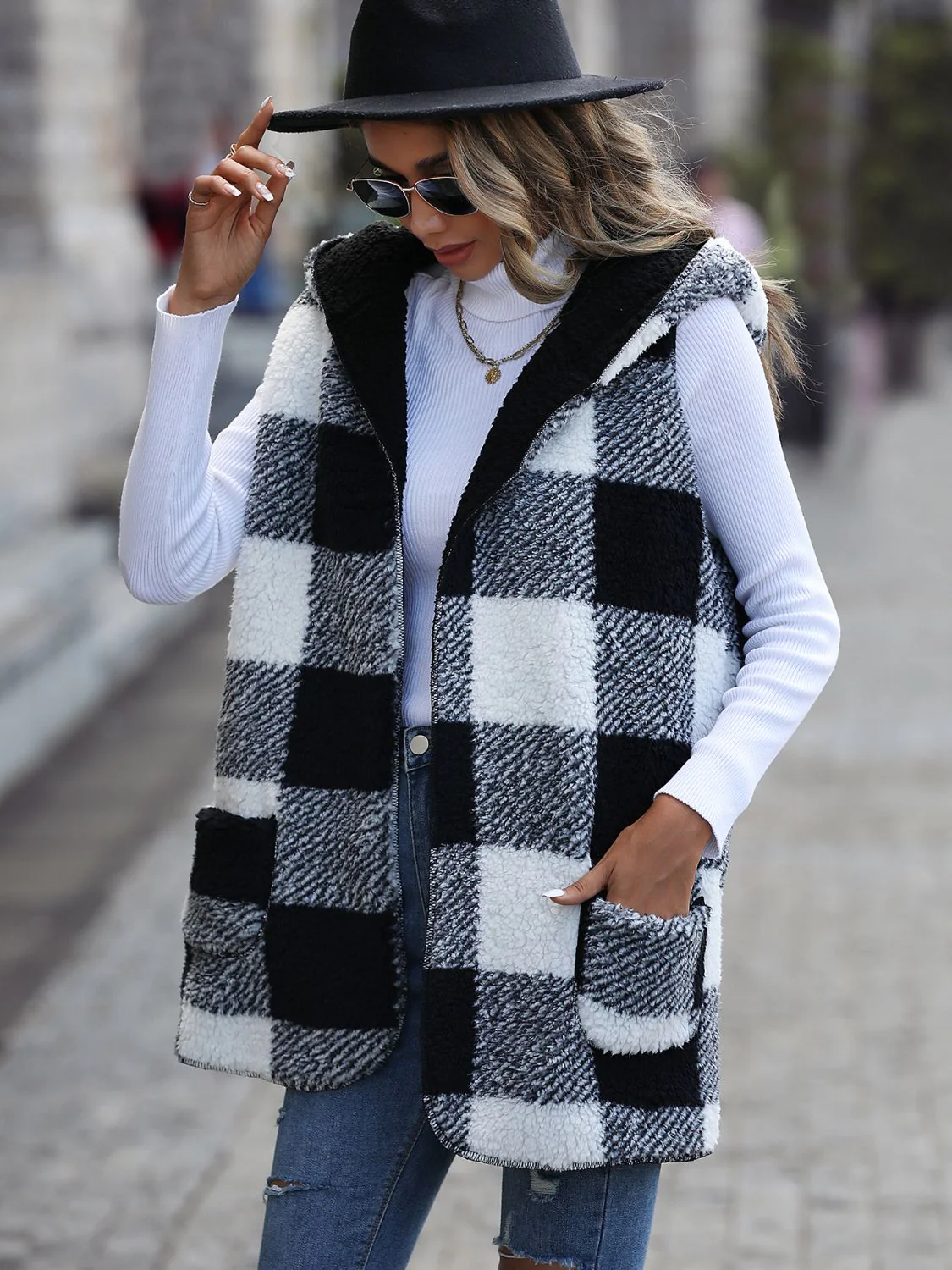 Plaid Hooded Vest with Pockets - Image 3