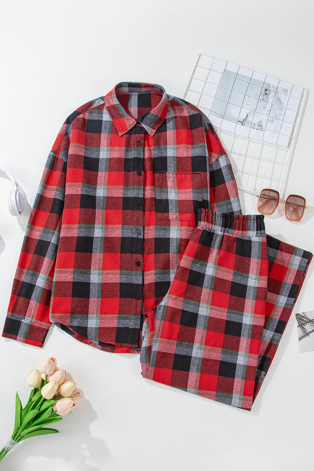 Plaid Long Sleeve Top and Pants Lounge Set - Image 3