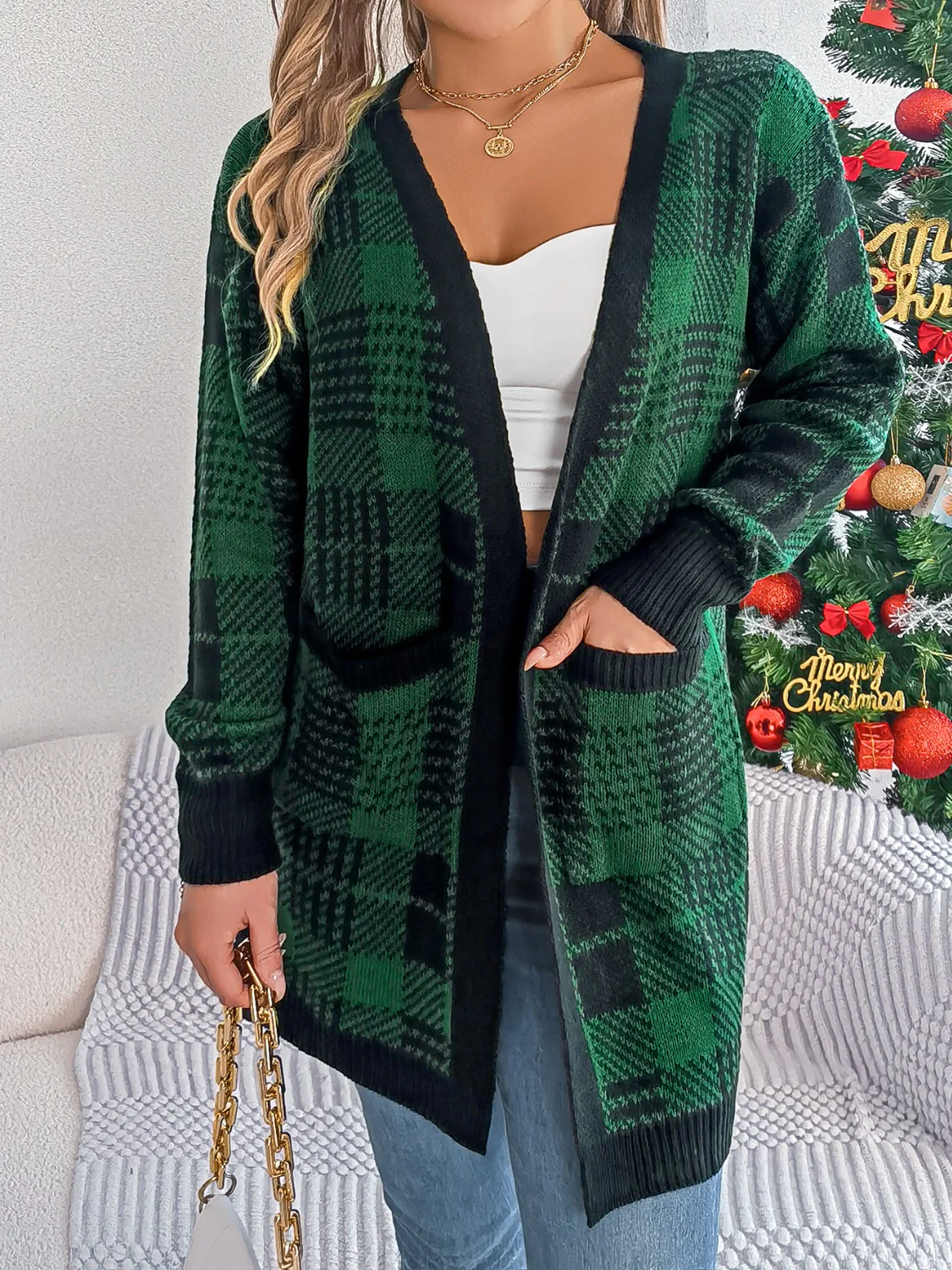 Plaid Open Front Long Sleeve Cardigan - Image 16