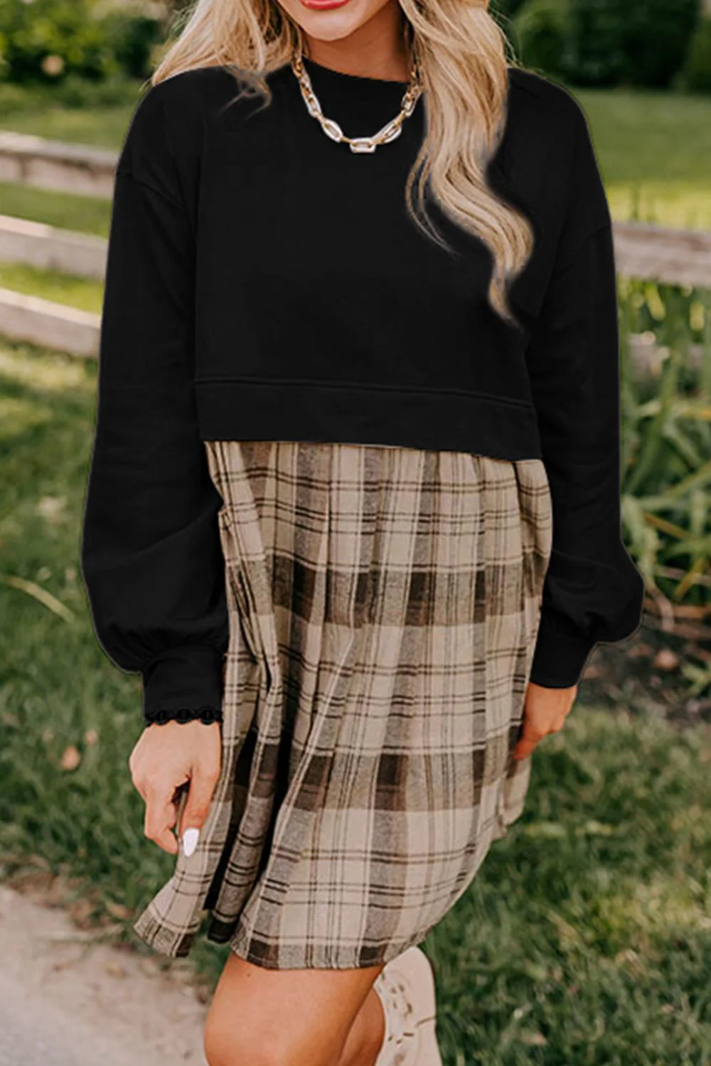 Plaid Round Neck Long Sleeve Mini Dress - Image 12