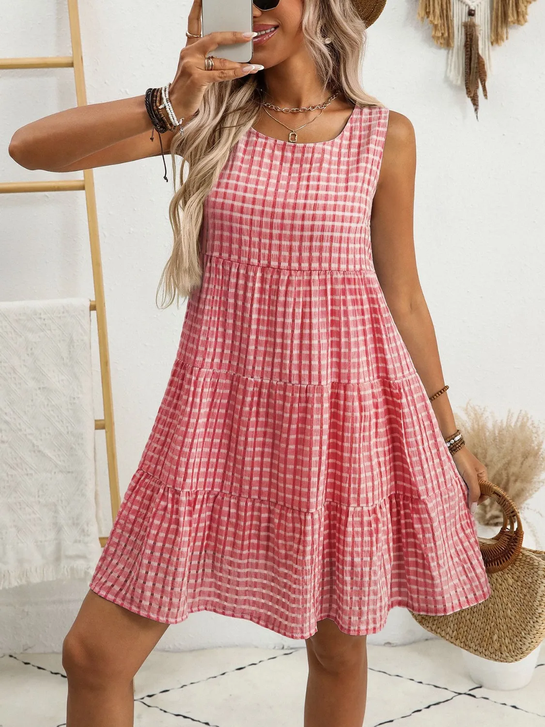Plaid Round Neck Sleeveless Mini Dress - Image 13