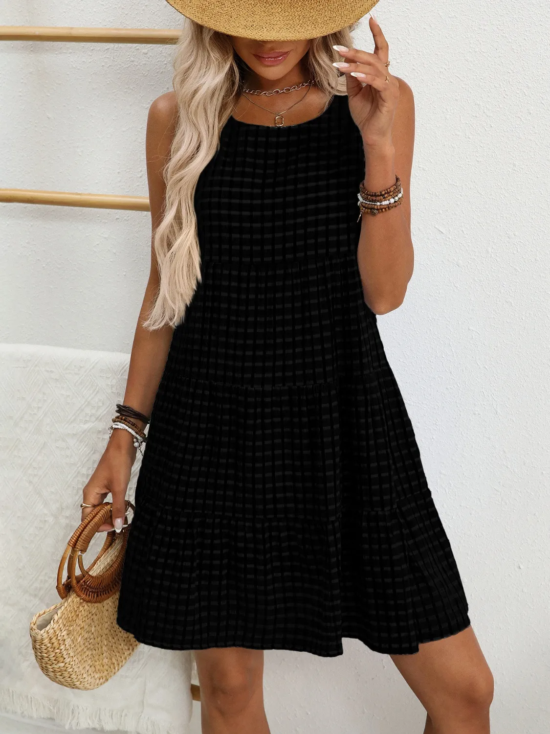 Plaid Round Neck Sleeveless Mini Dress - Image 19