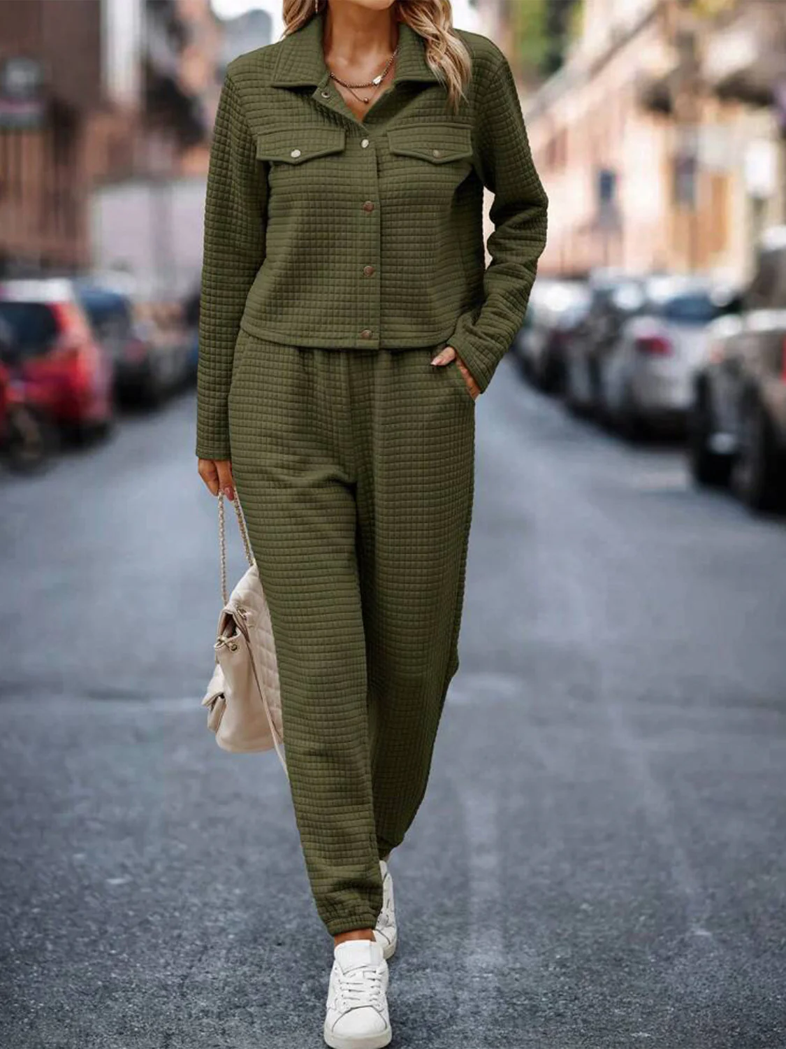 Plaid Texture Snap Down Top and Pants Set - Image 11
