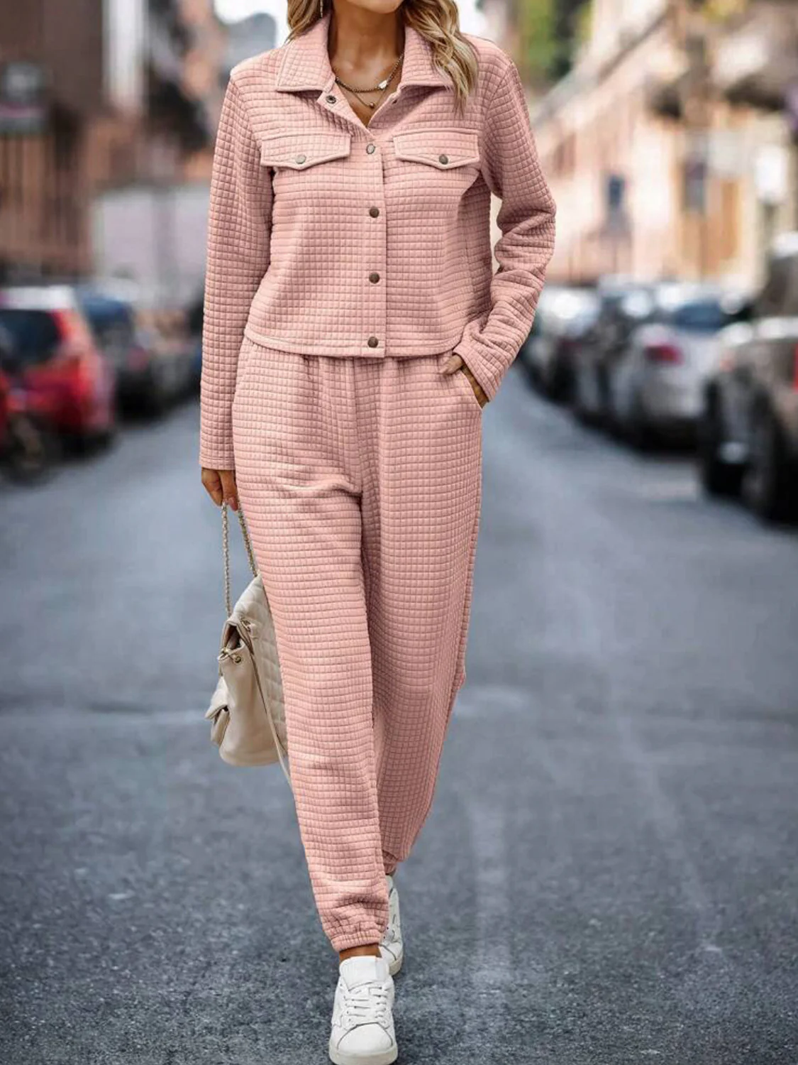 Plaid Texture Snap Down Top and Pants Set - Image 14