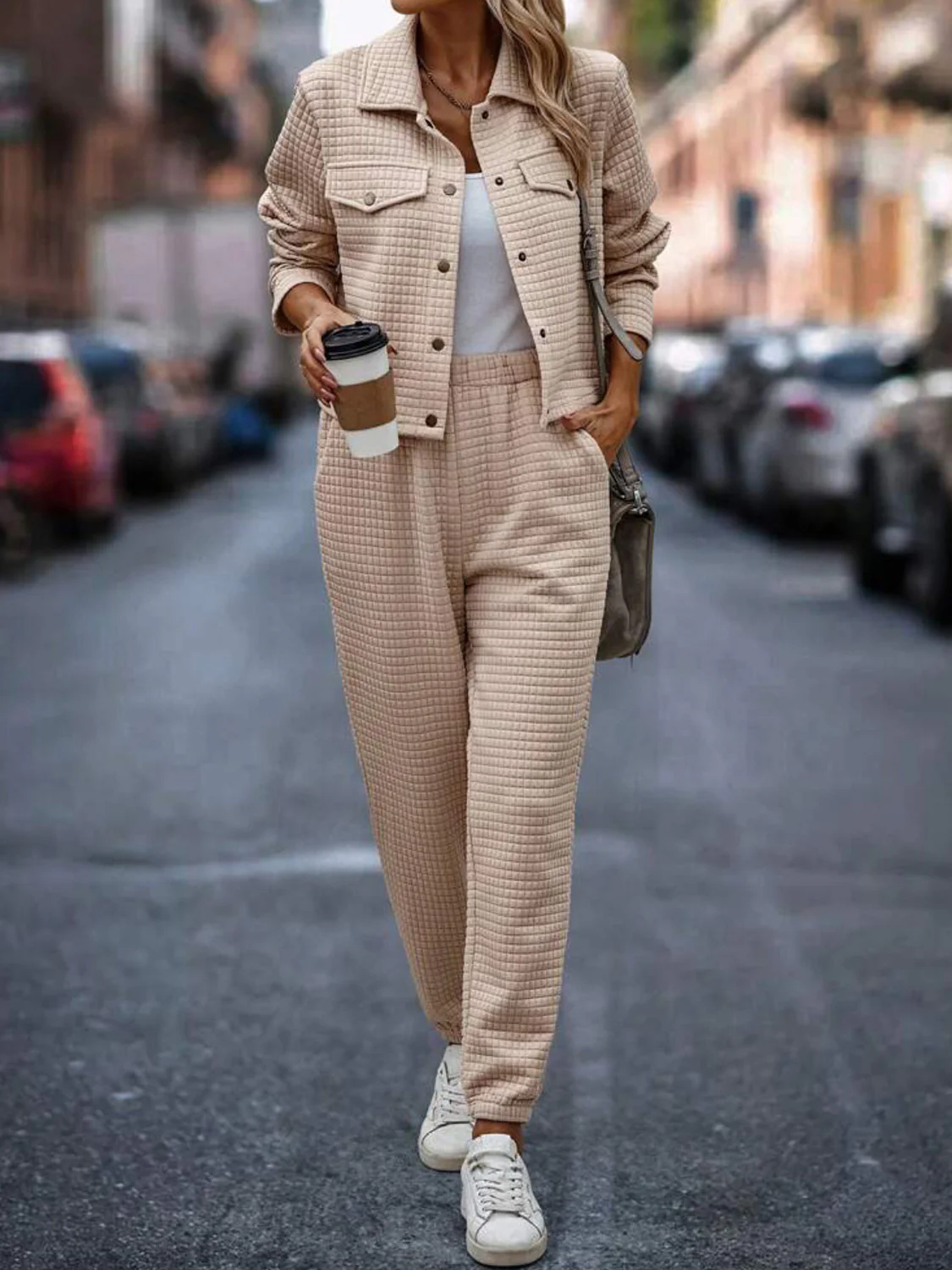Plaid Texture Snap Down Top and Pants Set - Image 2
