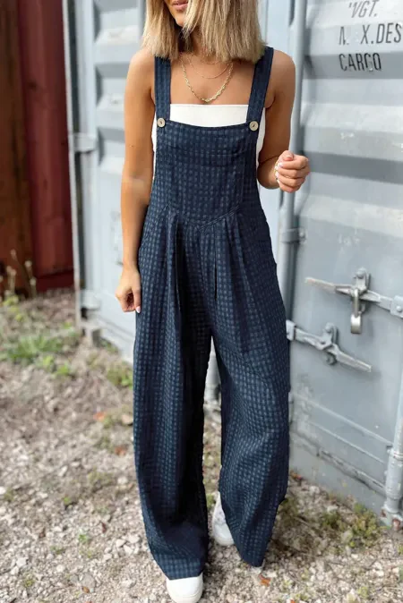 Plaid Wide Strap Wide Leg Overalls - Image 14