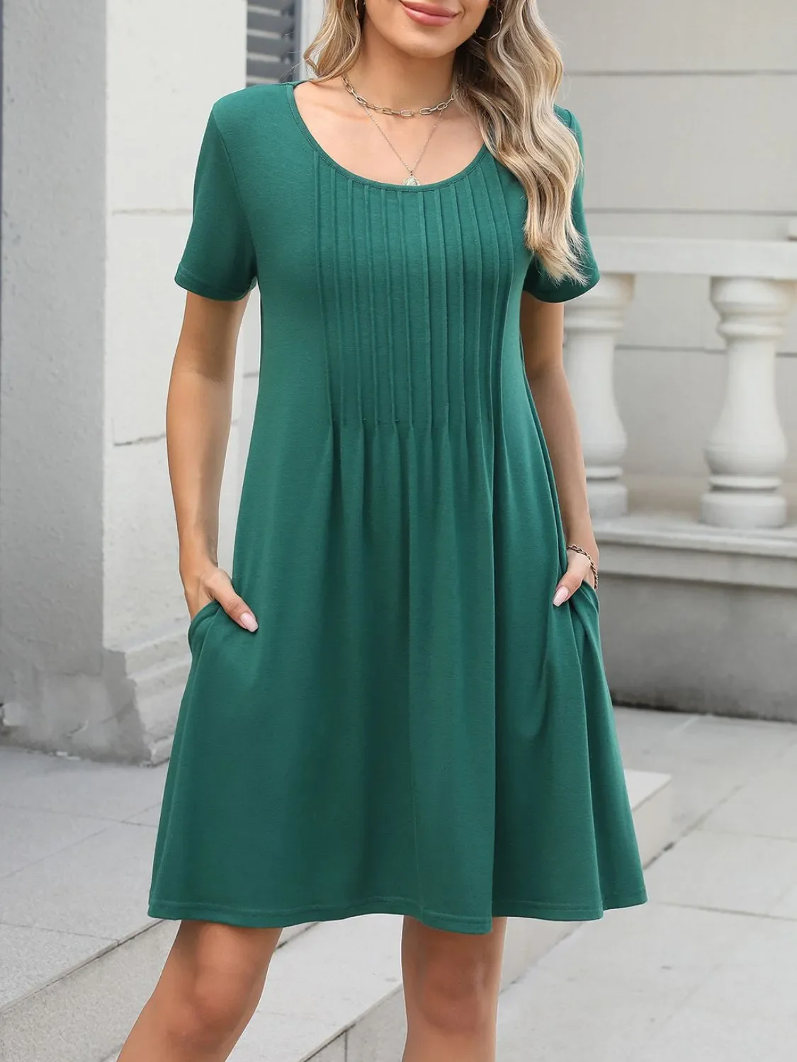 Pleated Front Round Neck Swing Dress - Image 7