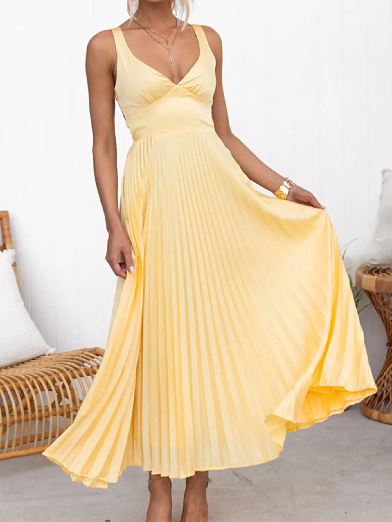 Pleated V-Neck Sleeveless Maxi Dress