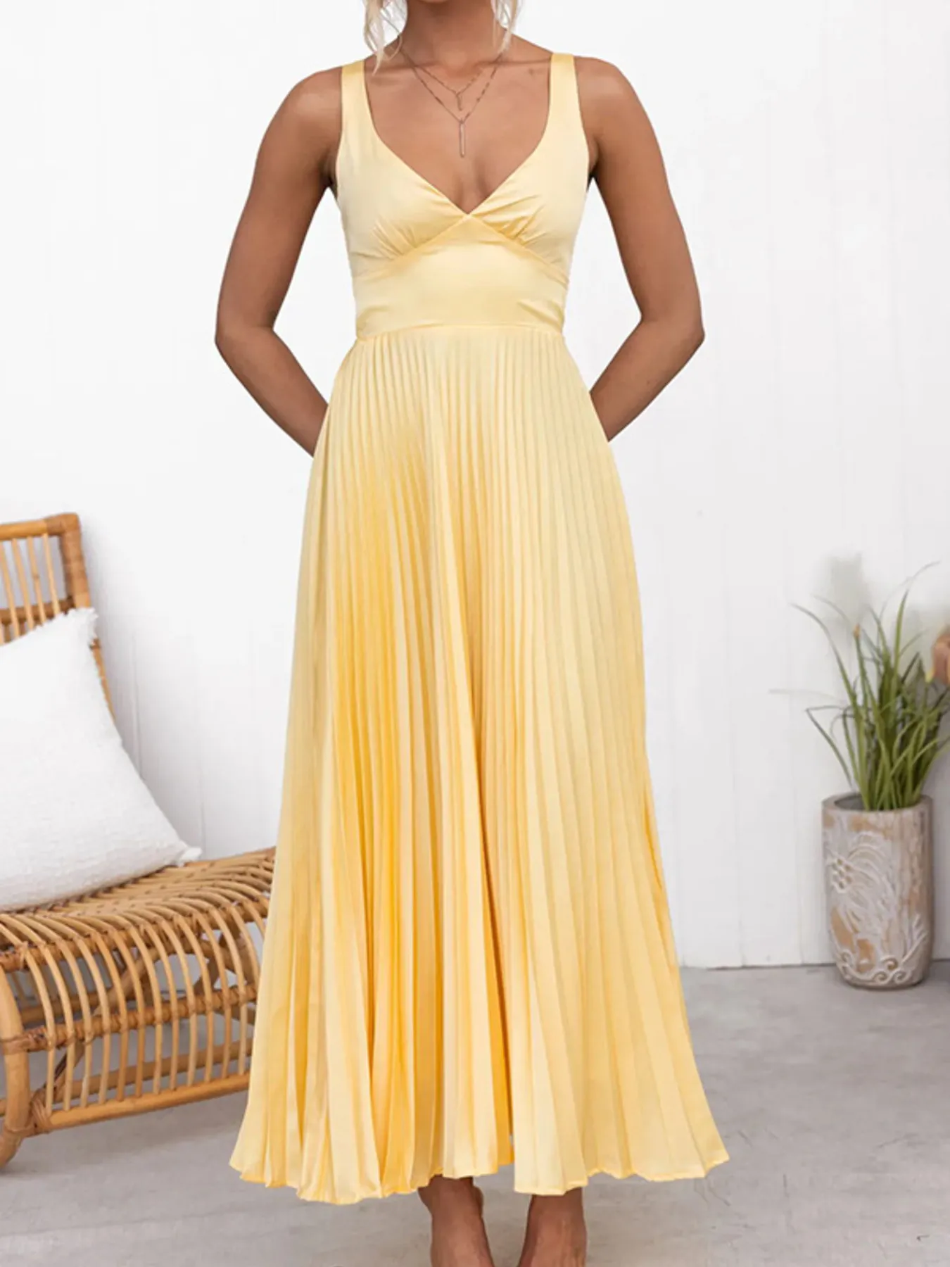 Pleated V-Neck Sleeveless Maxi Dress - Image 3