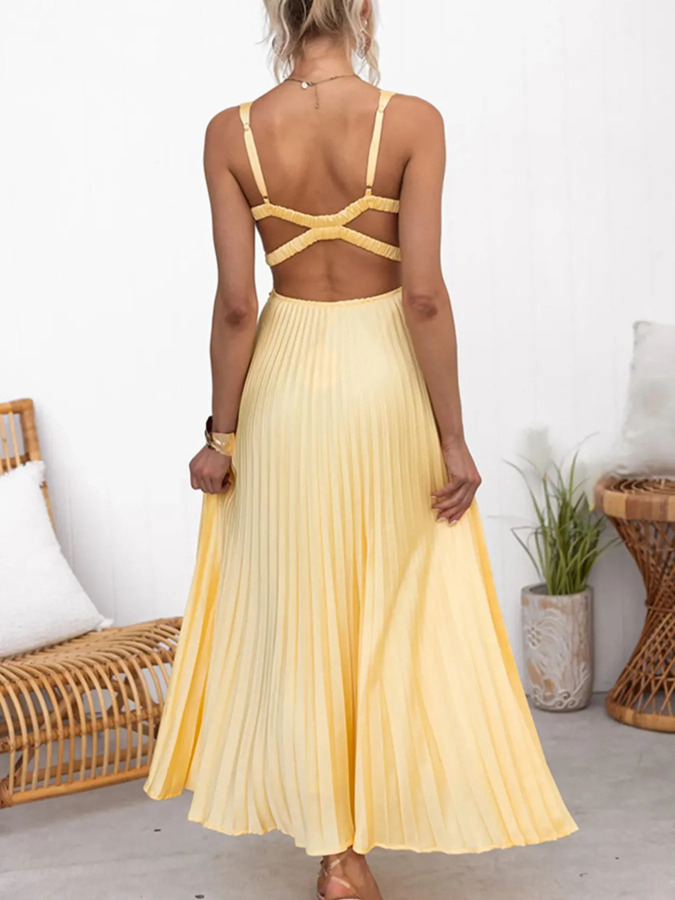Pleated V-Neck Sleeveless Maxi Dress - Image 4