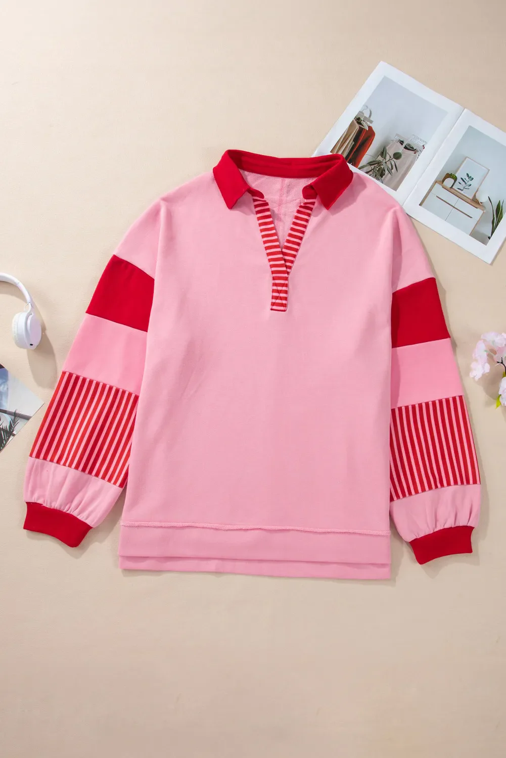 Plus Size Color Block Johnny Collar Long Sleeve Sweatshirt - Image 6