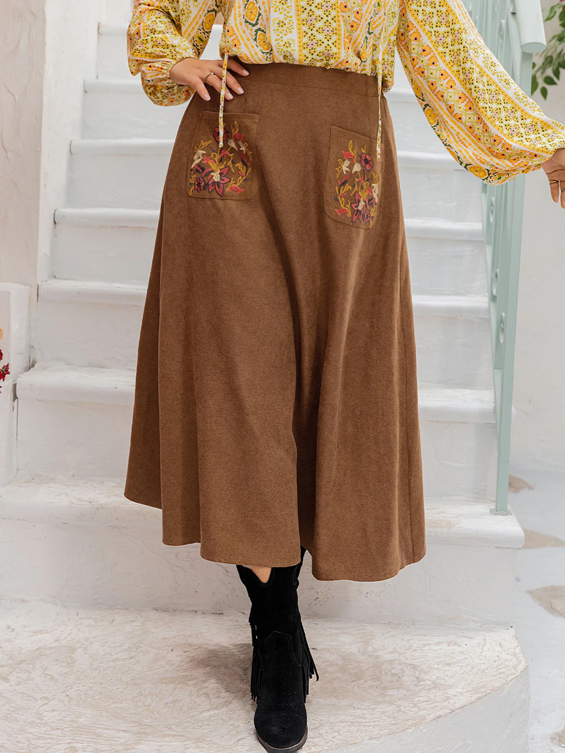 Plus Size Embroidered Pocketed High Waist Skirt - Image 3