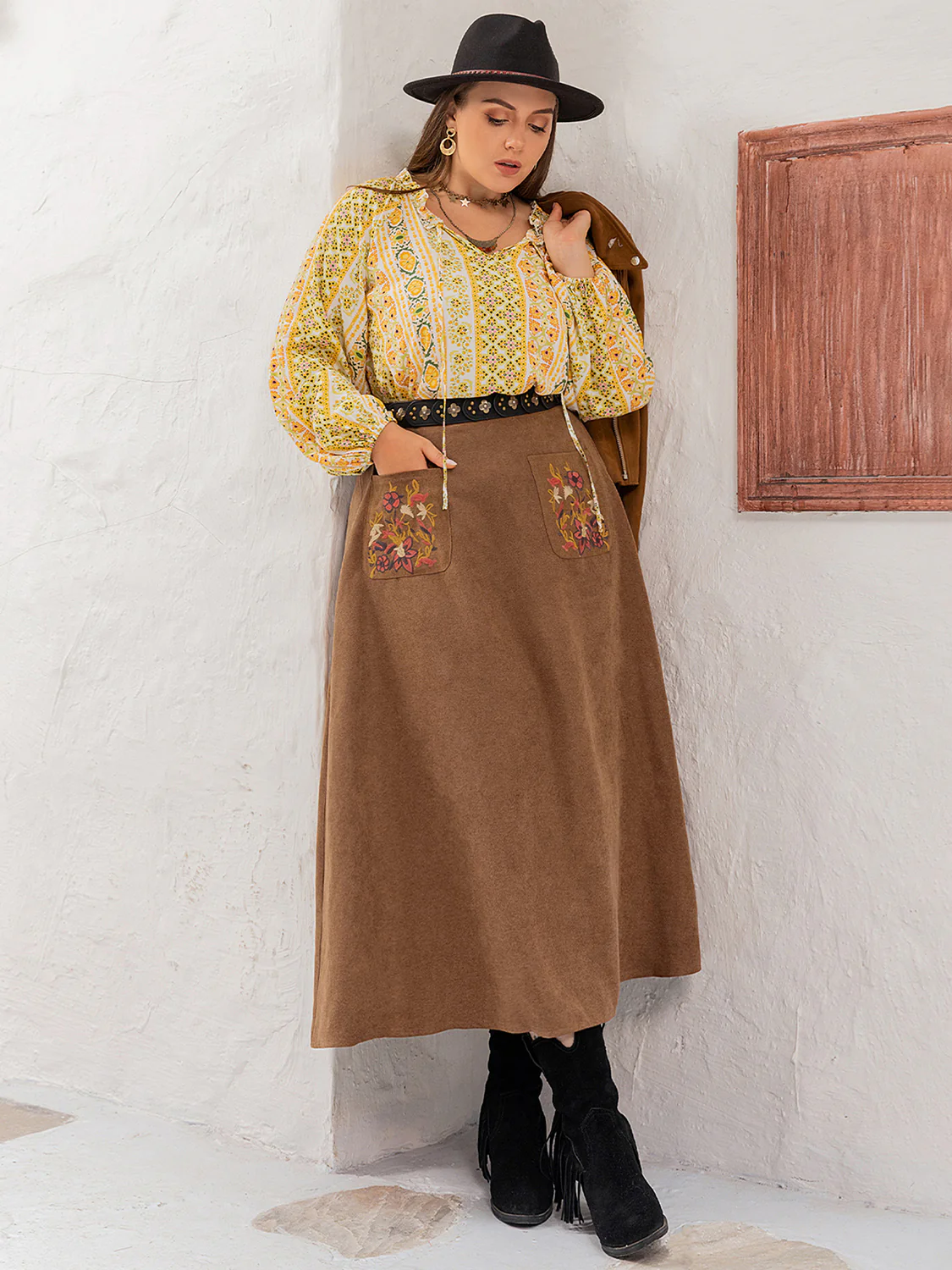Plus Size Embroidered Pocketed High Waist Skirt - Image 6