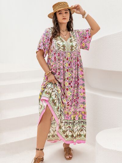 Plus Size Floral Tie Neck Flutter Sleeve Maxi Dress - Image 5