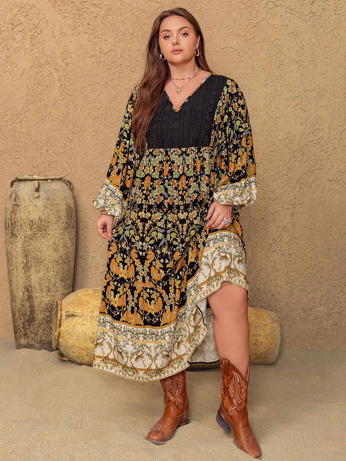 Plus Size Floral V-Neck Balloon Sleeve Midi Dress - Image 7