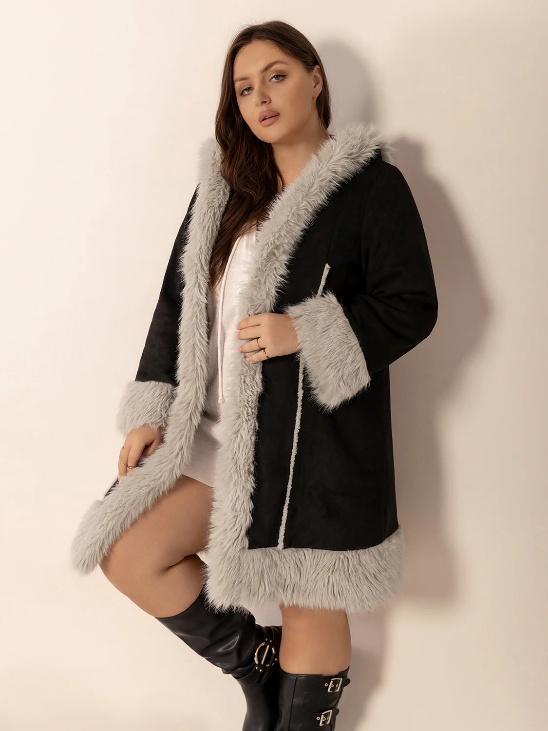 Plus Size Fuzzy Trim Open Front Long Sleeve Hooded Coat - Image 3