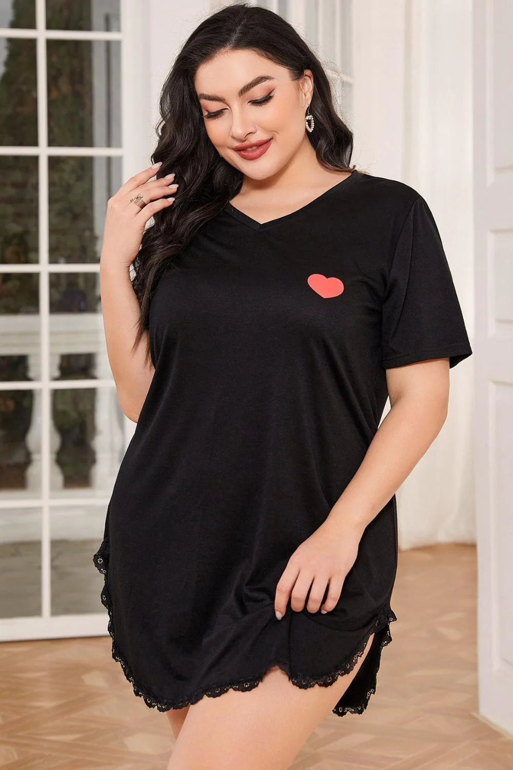Plus Size Lace Trim V-Neck Short Sleeve Night Dress - Image 3