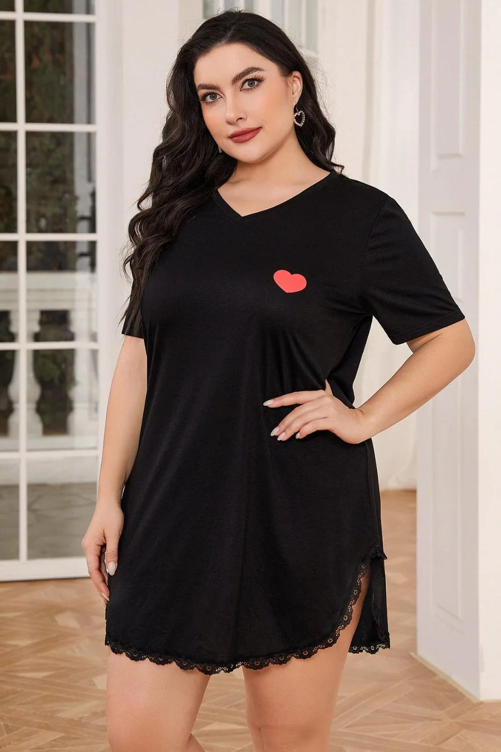 Plus Size Lace Trim V-Neck Short Sleeve Night Dress - Image 4