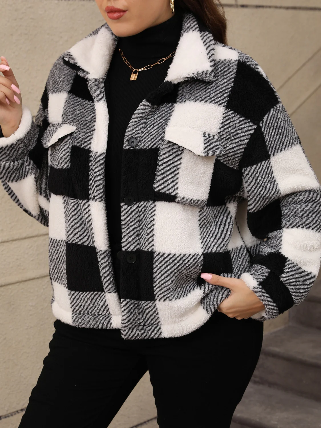 Plus Size Pocketed Plaid Collared Neck Jacket - Image 7