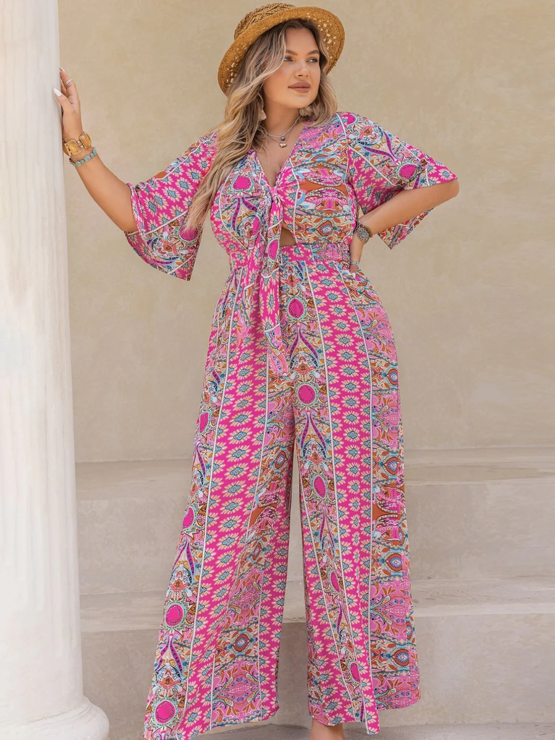 Plus Size Printed Half Sleeve Wide Leg Jumpsuit - Image 3