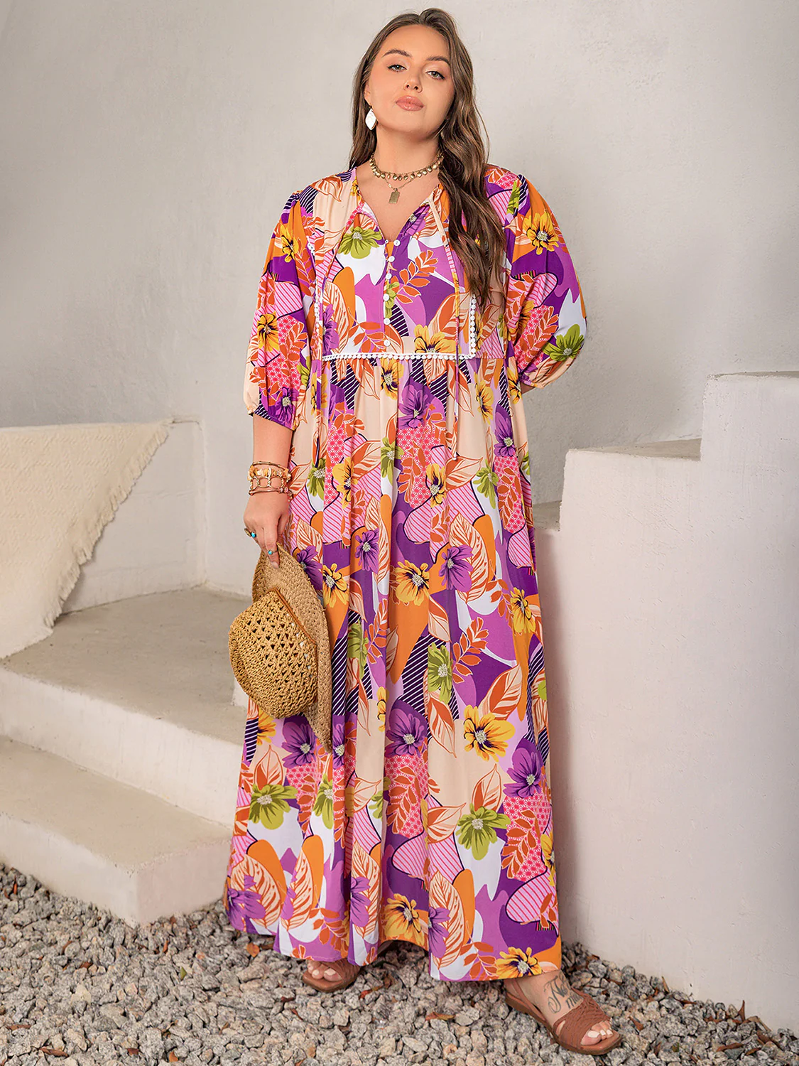 Plus Size Printed Tie Neck Maxi Dress - Image 3