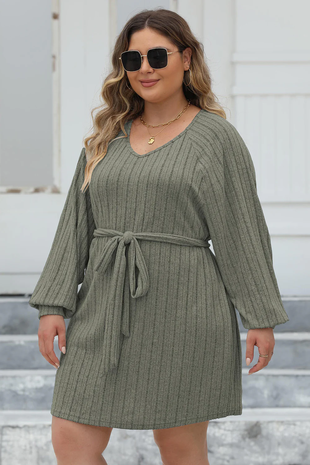 Plus Size Ribbed Tie Front Long Sleeve Sweater Dress - Image 6