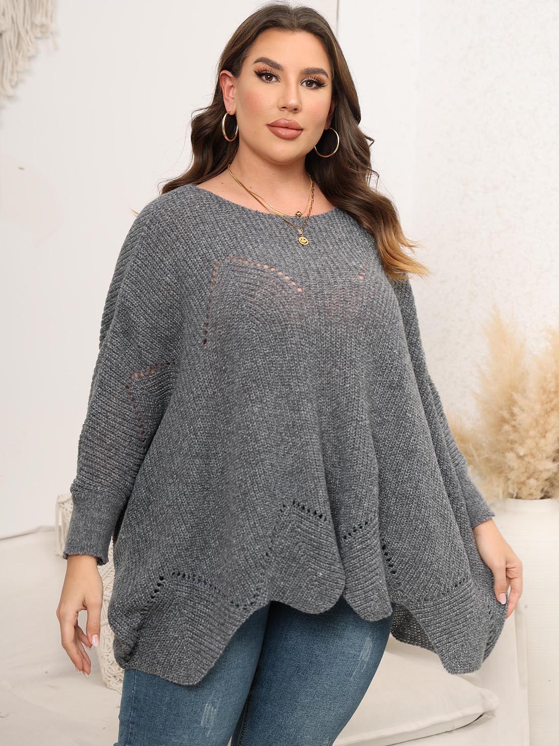 Plus Size Round Neck Batwing Sleeve Sweater - Image 15