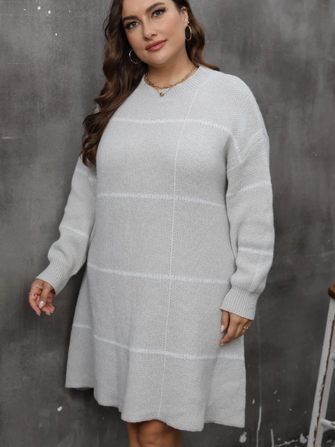Plus Size Round Neck Long Sleeve Sweater Dress - Image 3