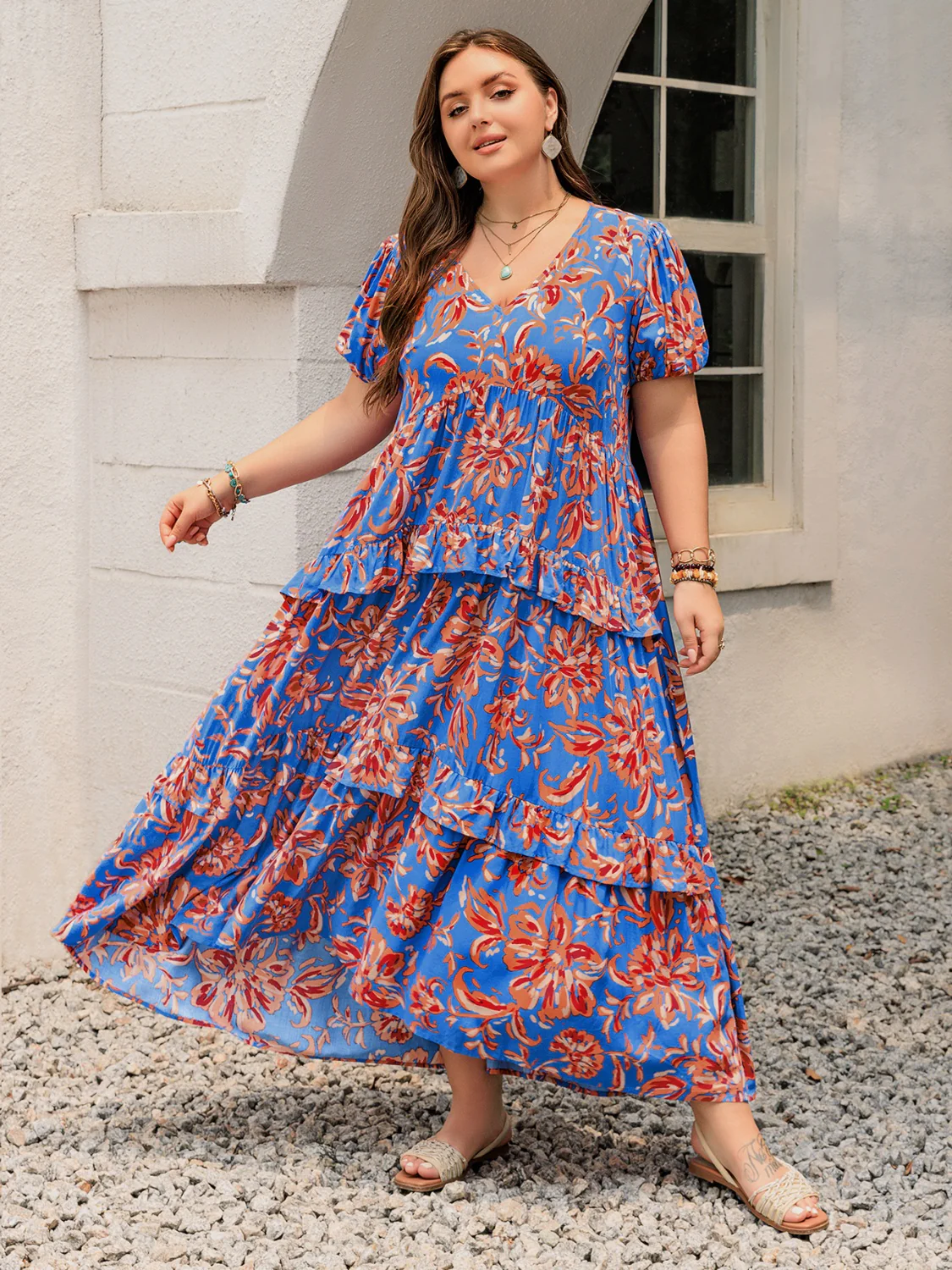 Plus Size Ruffled Printed V-Neck Short Sleeve Maxi Dress - Image 3