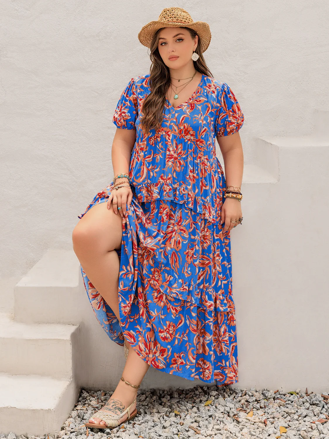 Plus Size Ruffled Printed V-Neck Short Sleeve Maxi Dress - Image 7