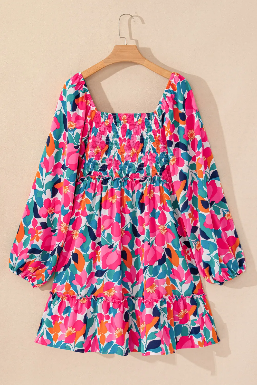 Plus Size Smocked Floral Square Neck Balloon Sleeve Dress - Image 7