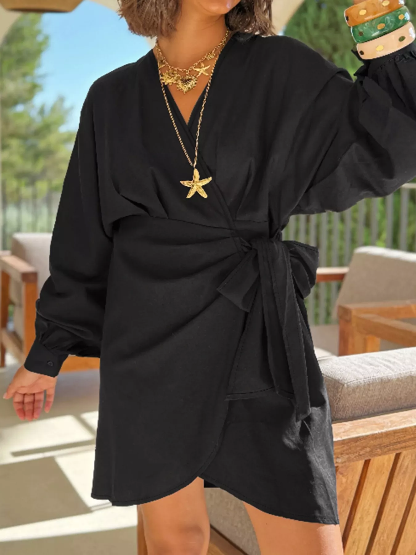 Plus Size Surplice Long Sleeve Wrap Mini Dress