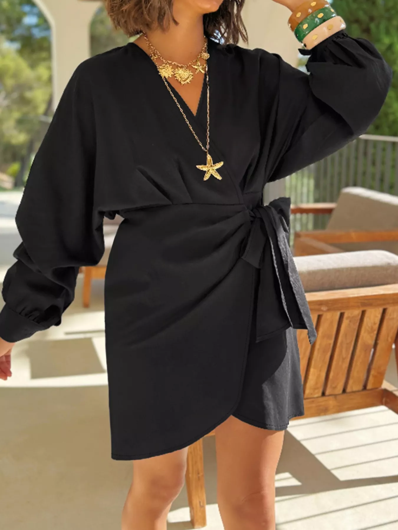 Plus Size Surplice Long Sleeve Wrap Mini Dress - Image 2