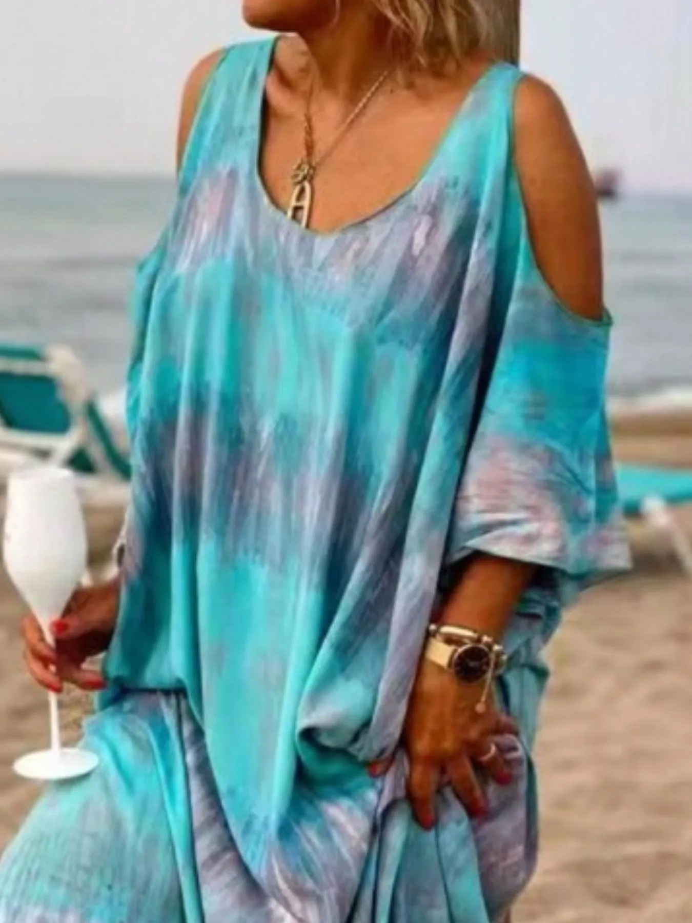 Plus Size Tie-Dye Cold Shoulder Maxi Dress - Image 3
