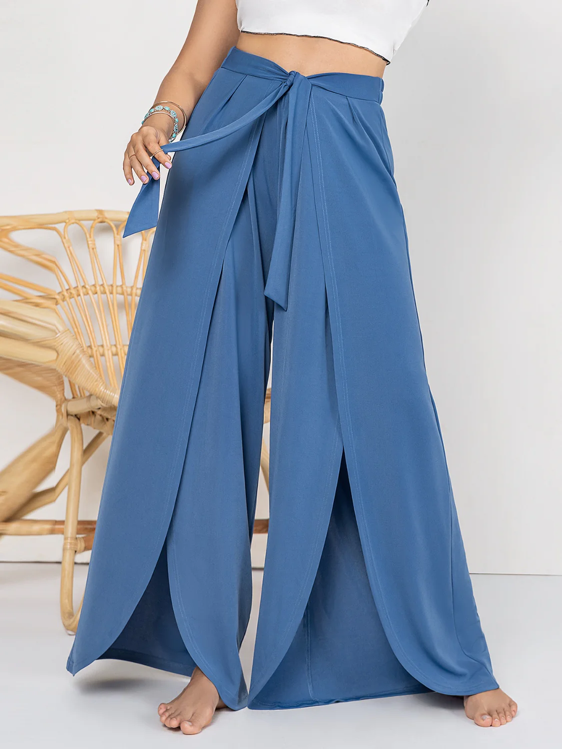 Plus Size Tied Slit Wide Leg Pants - Image 3