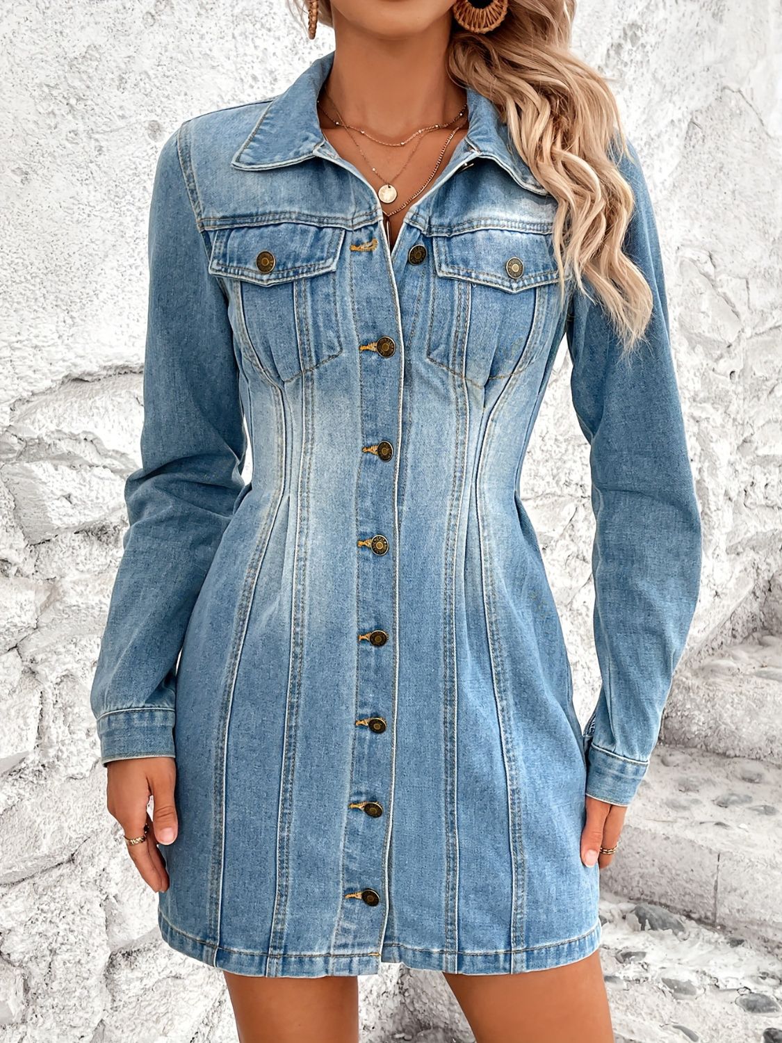 Pocketed Button Up Long Sleeve Denim Dress - Image 3