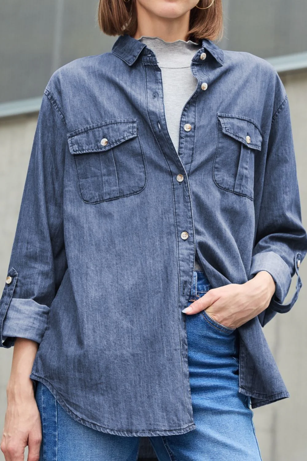Pocketed Collared Neck Long Sleeve Denim Top - Image 7