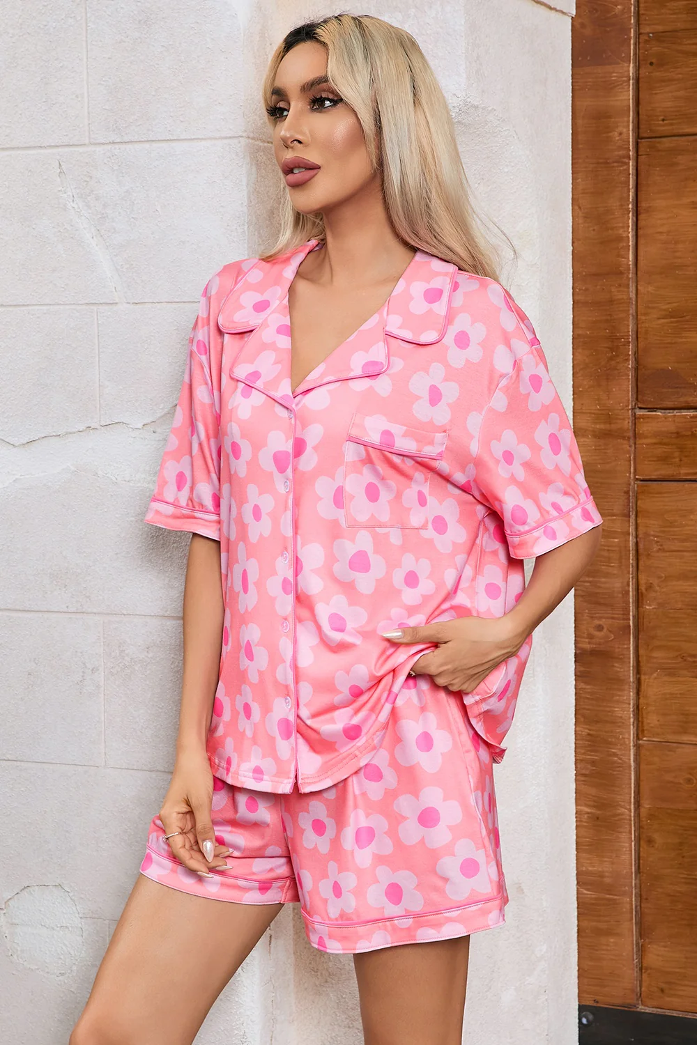 Pocketed Flower Half Sleeve Top and Shorts Lounge Set - Image 2