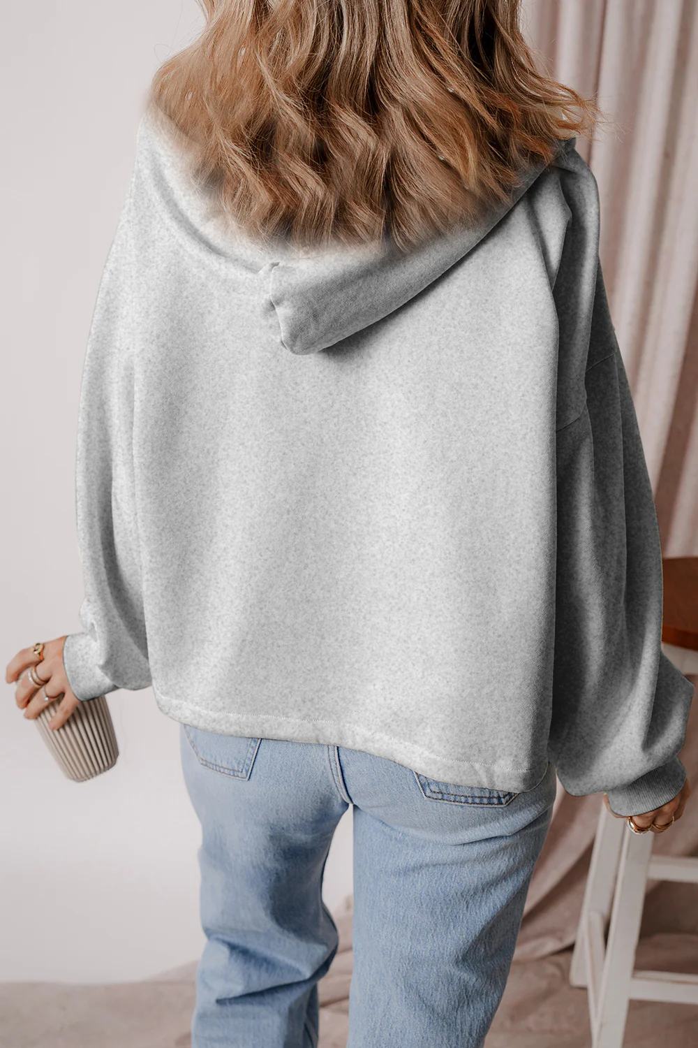 Pocketed Half Zip Dropped Shoulder Hoodie - Image 3