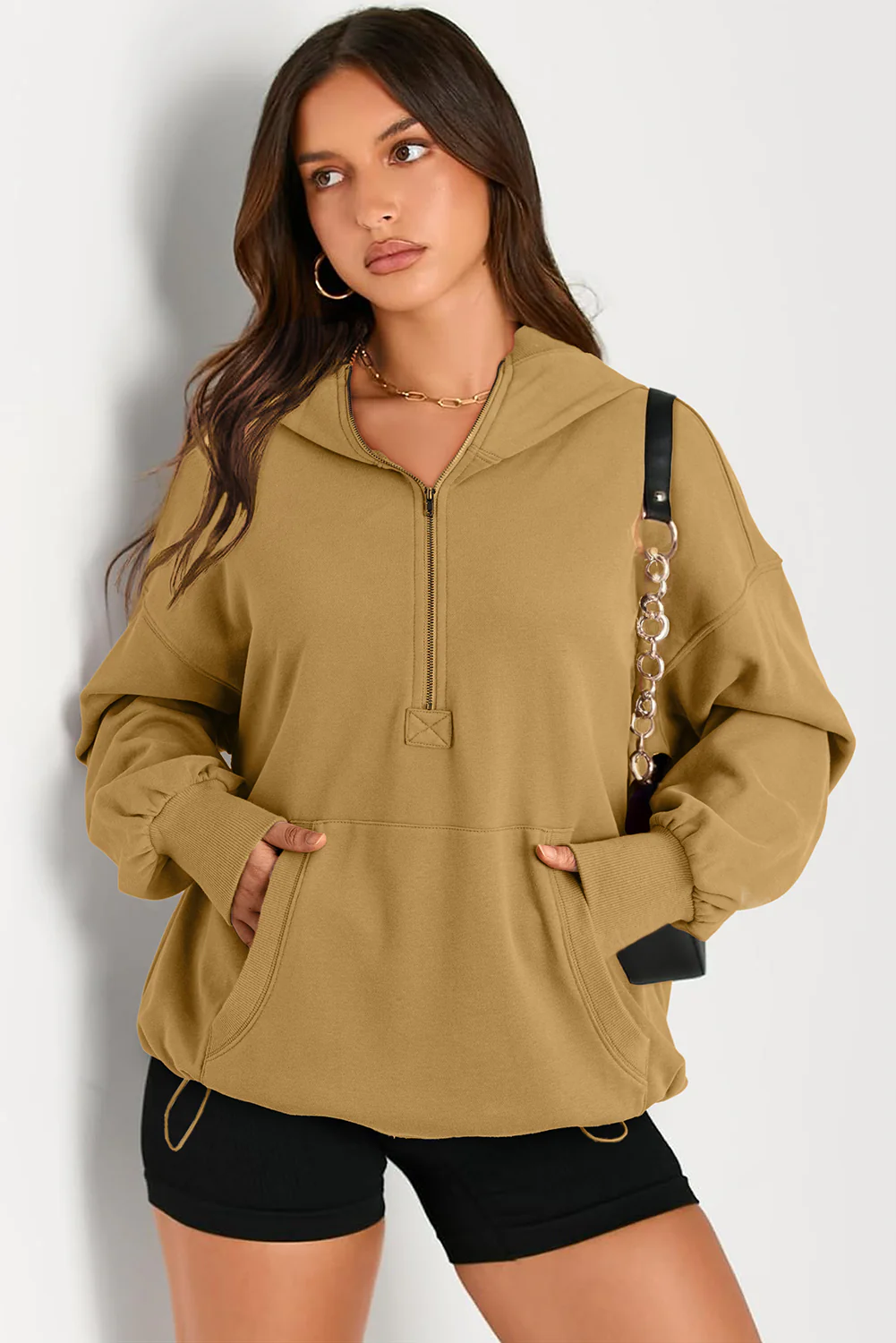 Pocketed Half Zip Long Sleeve Hoodie - Image 10