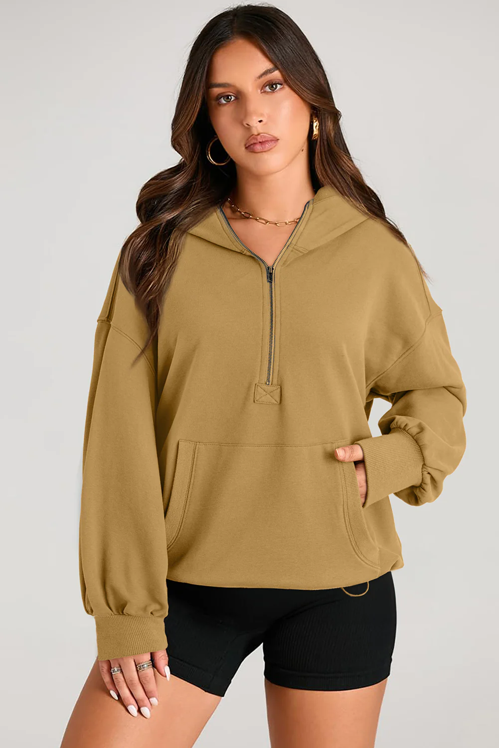 Pocketed Half Zip Long Sleeve Hoodie - Image 11