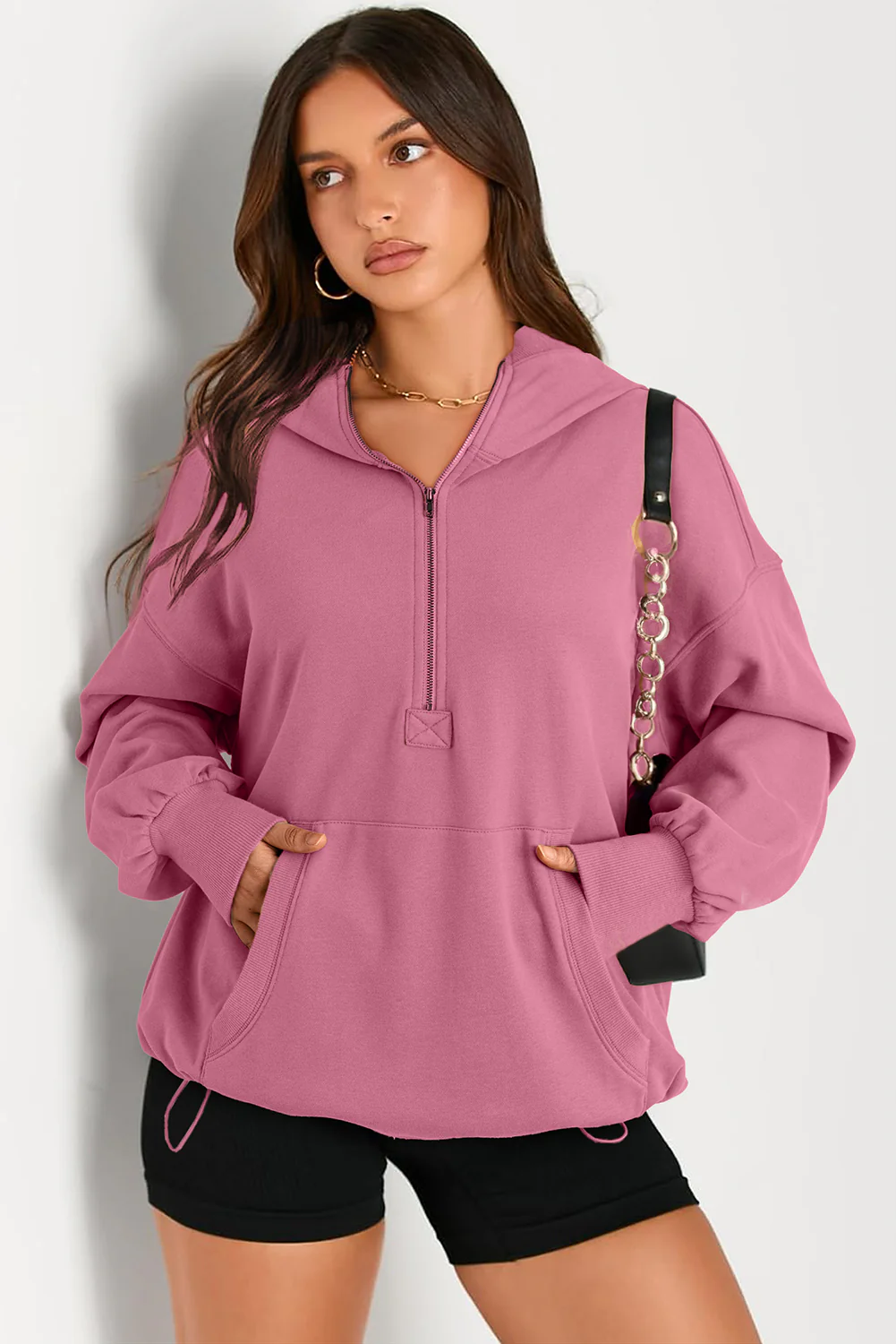 Pocketed Half Zip Long Sleeve Hoodie - Image 22