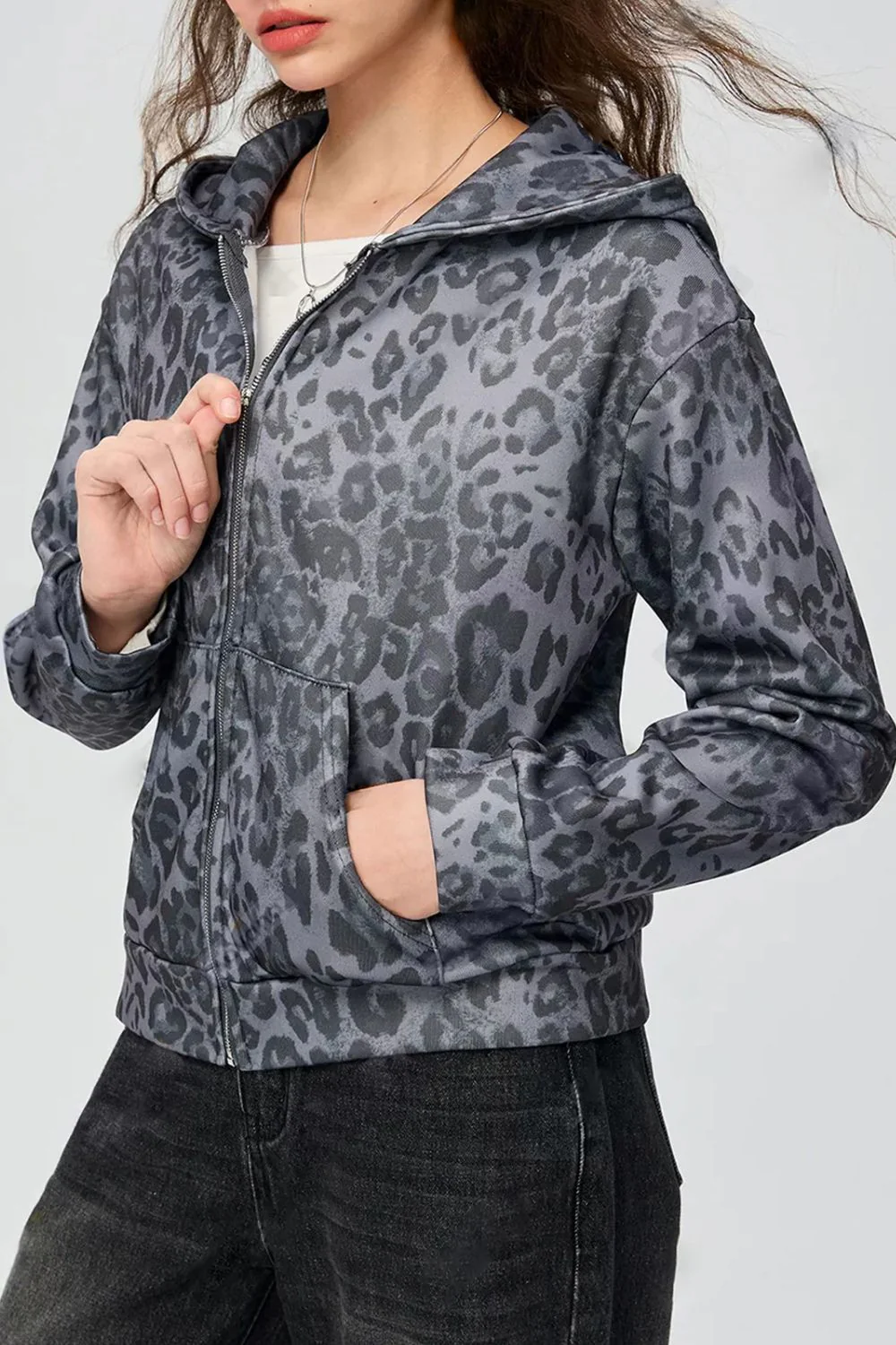 Pocketed Leopard Zip Up Hooded Jacket - Image 4