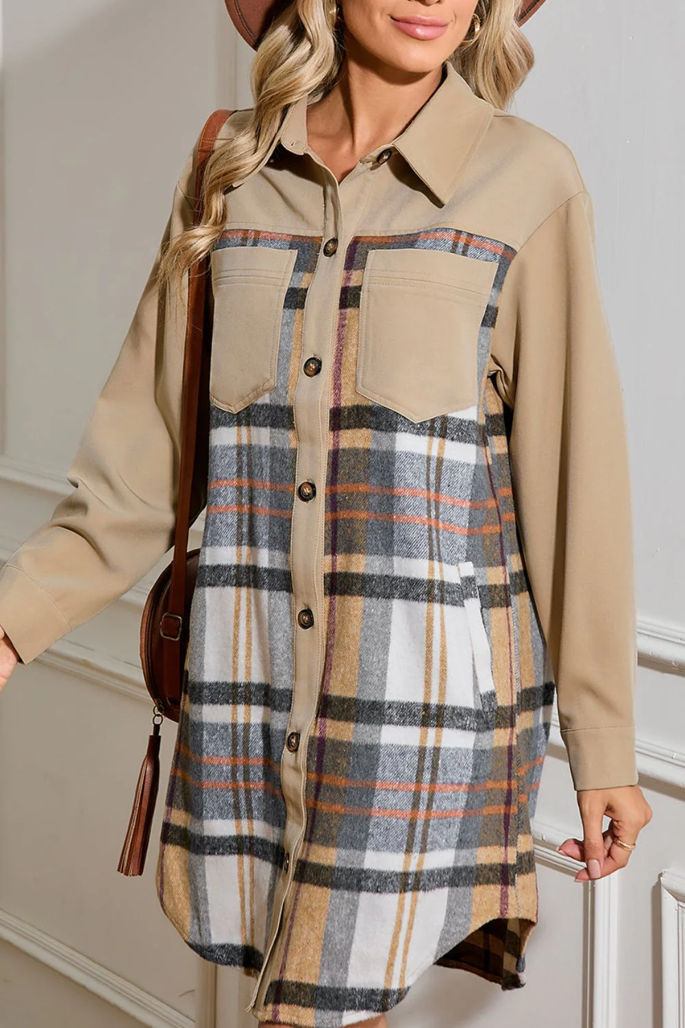 Pocketed Plaid Long Sleeve Mini Shirt Dress - Image 2