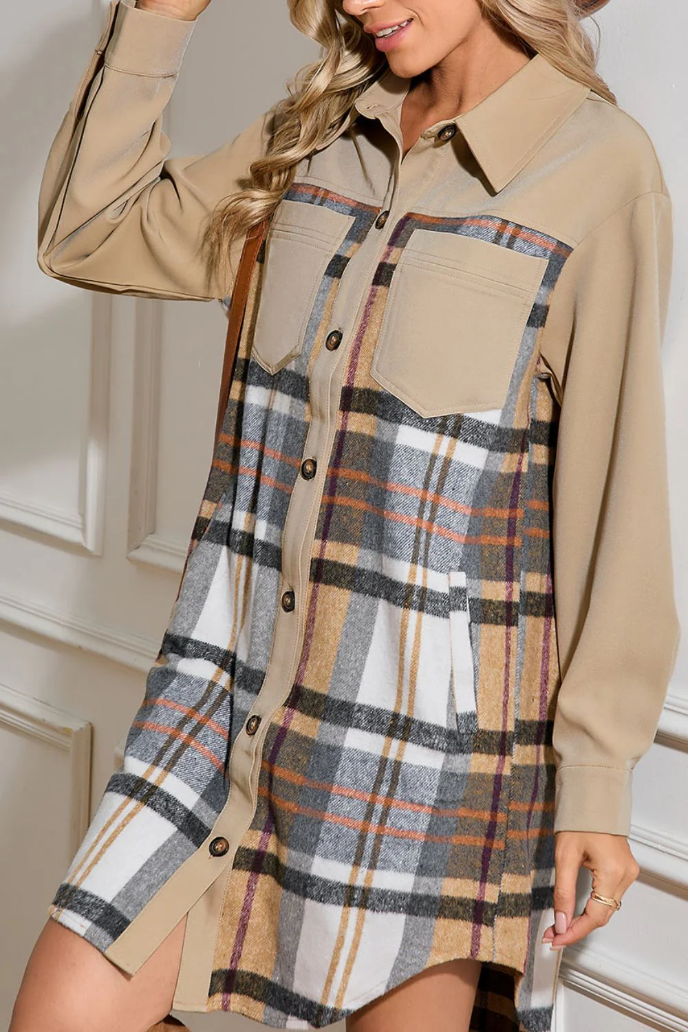 Pocketed Plaid Long Sleeve Mini Shirt Dress - Image 3